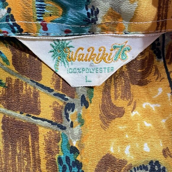 Vintage Waikiki 76 Mens Large Hawaiian Aloha Shirt Palm Trees Sail Boat Brown Lg - Picture 5 of 15